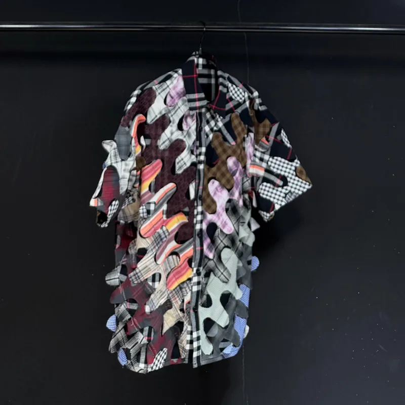 WVGA Spring Summer New Men's Large Plaid Patchwork Printed Trendy Shirt Loose Fit Niche Chic Casual Short Sleeve Tops Ins W24809