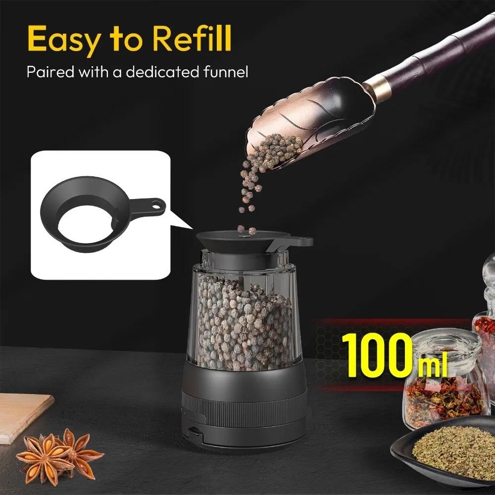 

USB Rechargeable Electric Pepper Grinder Adjustable Coarseness Large Capacity Automatic Pepper Mills Precision Grinding Black