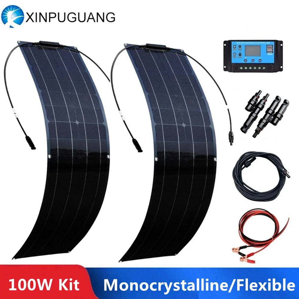 Solar Panel kit 1-2 pz 50W pannello solare 100W Kit completo 12V pannelli solari flessibili Mono cella ad alta efficienza con cavo PV regolatore di carica