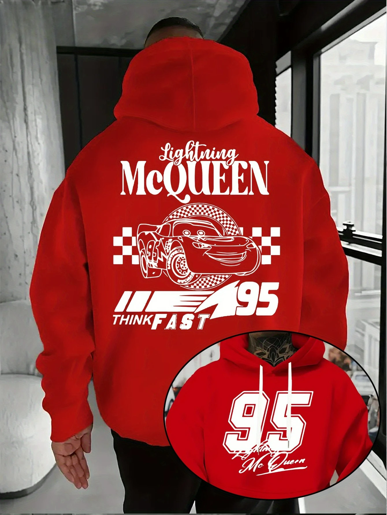 سترة نسائية بغطاء للرأس من Disney Car Lightning McQueen للخريف والشتاء، بلوفر كاجوال للزوجين، ملابس رياضية، سترة بغطاء للرأس كبيرة جدًا