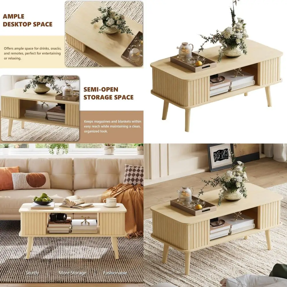 

Rectangular Living Room Coffee Table with Storage, Rounded Edges, Easy Assembly, Natural Wood Finish
