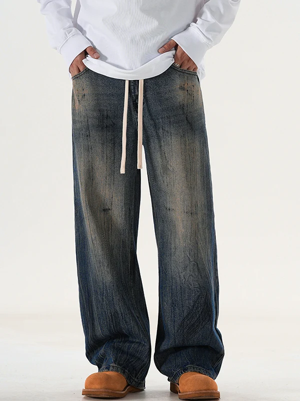 

American Retro Loose Straight Leg Jeans Men Spring New High Street Haome Wide Leg Dstring Taller Long Pants
