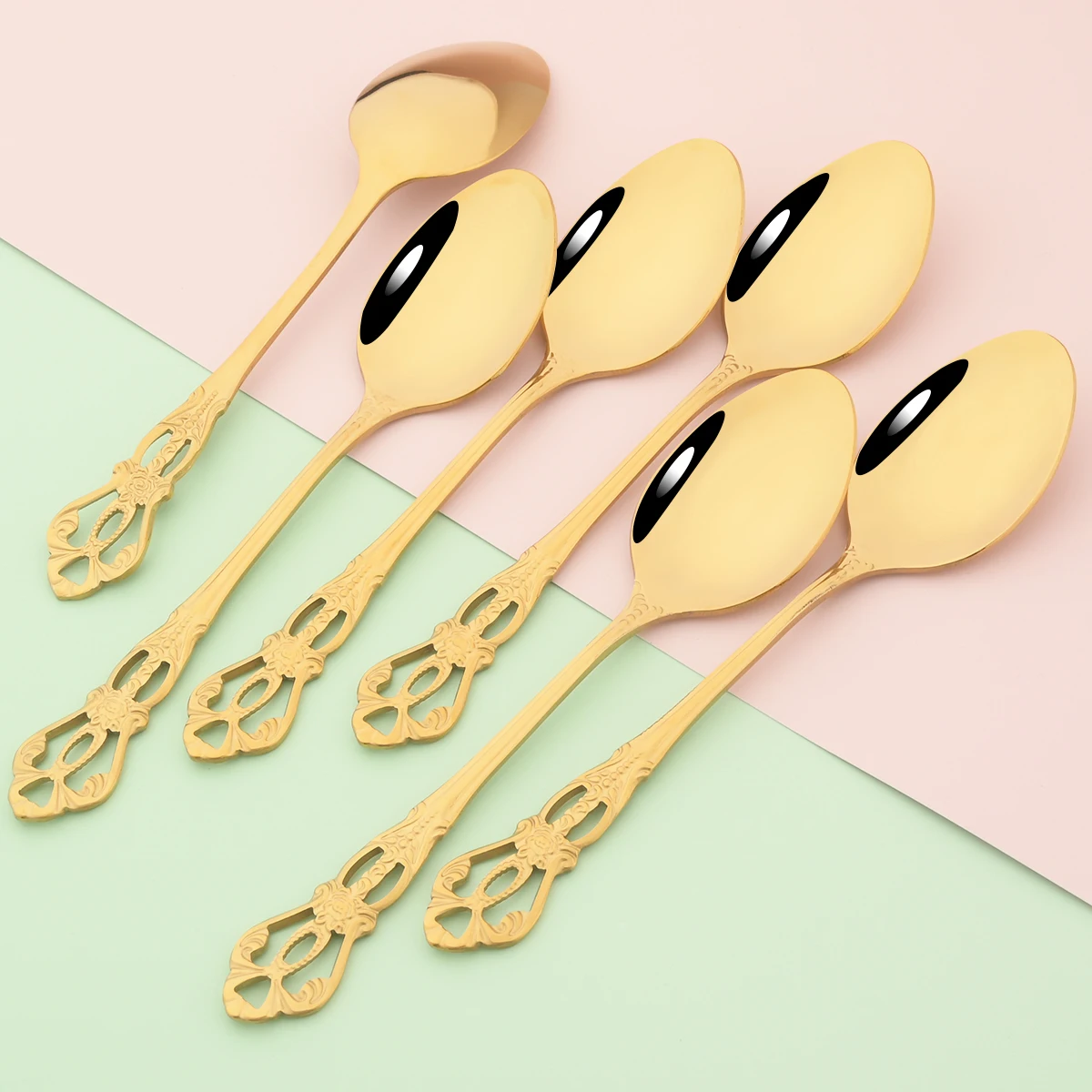 

6Pcs Gold Dinner Spoon Cutlery Set Dessert Spoon Dinnerware Set Vintage Stainless Steel Tableware Western Party Kitchen Flatware