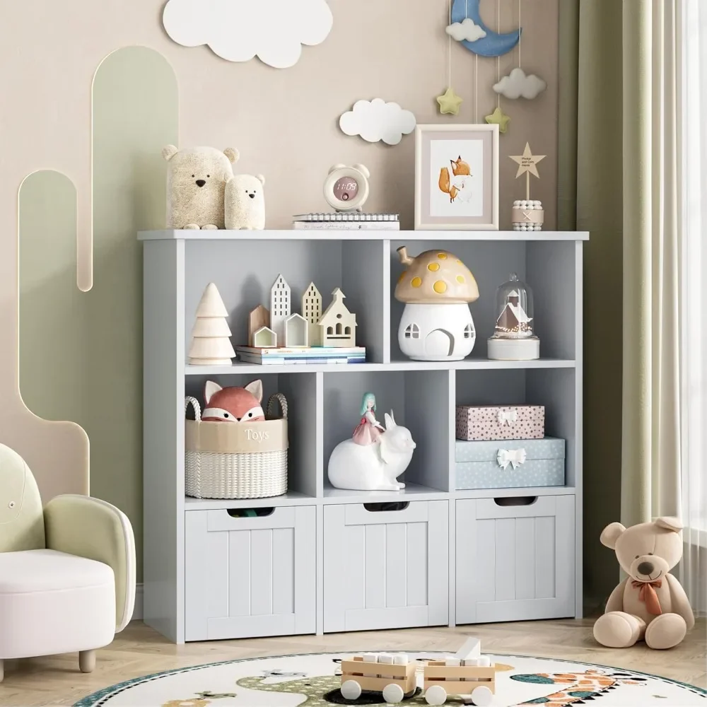 Toy Storage Organizer with 3 Movable Drawers, Floor Storage Cabinet Toy Chest with Hidden Wheels and 5 Storage Cubbies,Storages