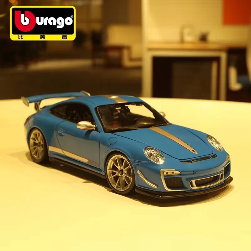 Bruago-鋳造合金車モデル,ポルシェ911,gt3,白,青,ノスタルジック,デスクトップ装飾,収集可能なおもちゃとギフト,1:18