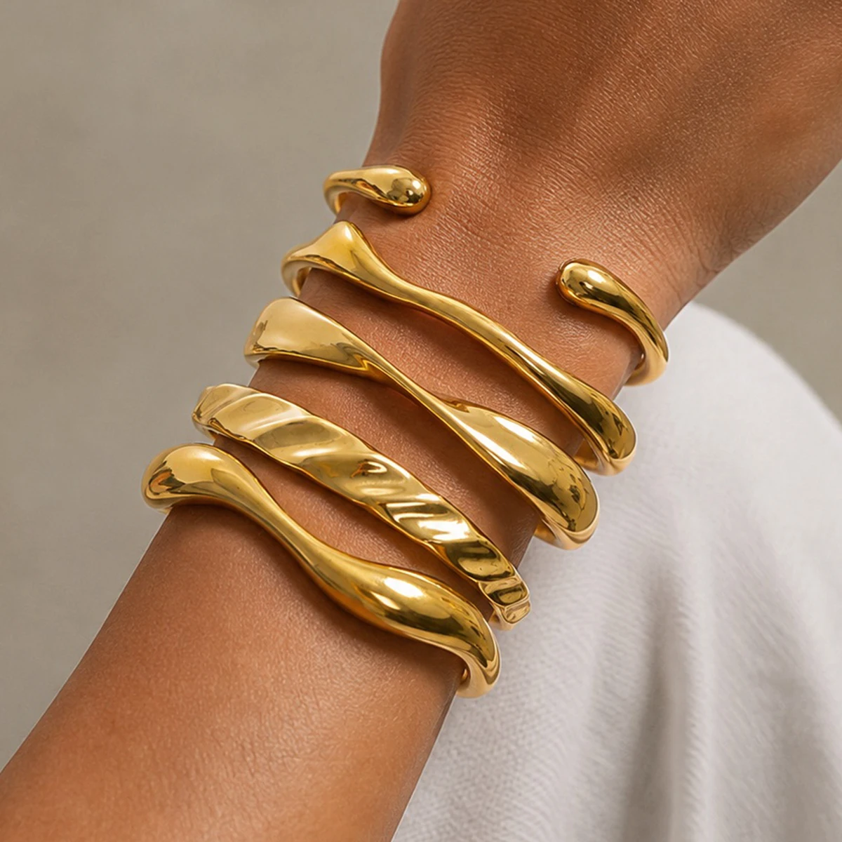 PuRui Minimalism Glossy Stacked Stainless Steel Bangle Women Irregular 18K Gold Plated Open Cuff Bracelet Non Fading Jewelry