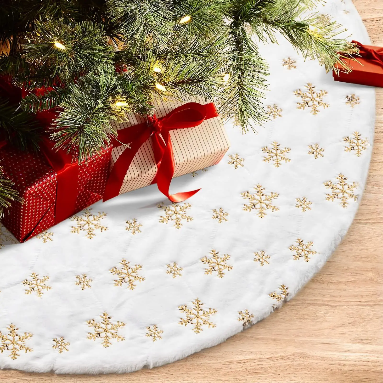

40cm/90cm/120cm Plush Christmas Tree Skirt White Faux Fur Xmas Trees Sequin Carpet Mat Skirts Home Party Decorations