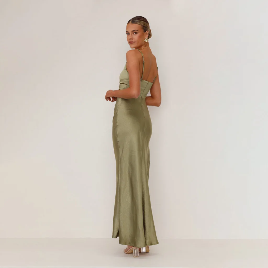 Robe de Demoiselle d'Honneur Vert Olive pour Femme, Tenue Maxi d'Invités de Mariage, d'Anniversaire, Collection Sexy