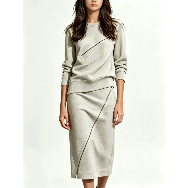 Women's  Hoodie Half Skirt Two-piece Set Suit New Fashion Diagonal Zipper Round Neck Commuting Women Suit Spring Autumn Outfit