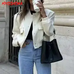 MNCCMOAA-Women's Vintage Pockets Baseball Jacket, Female Coat, Long Sleeve Tops, Casual Outerwear Monochromatic New Fashion 2024