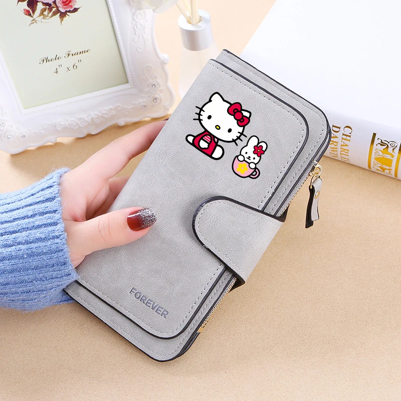 New Hello Kitty Wallet  Women Anime Cartoon Fashion Multi-Card Slot Purse  Buckle Nubuck Material Two-color Fabric Wallets Gift