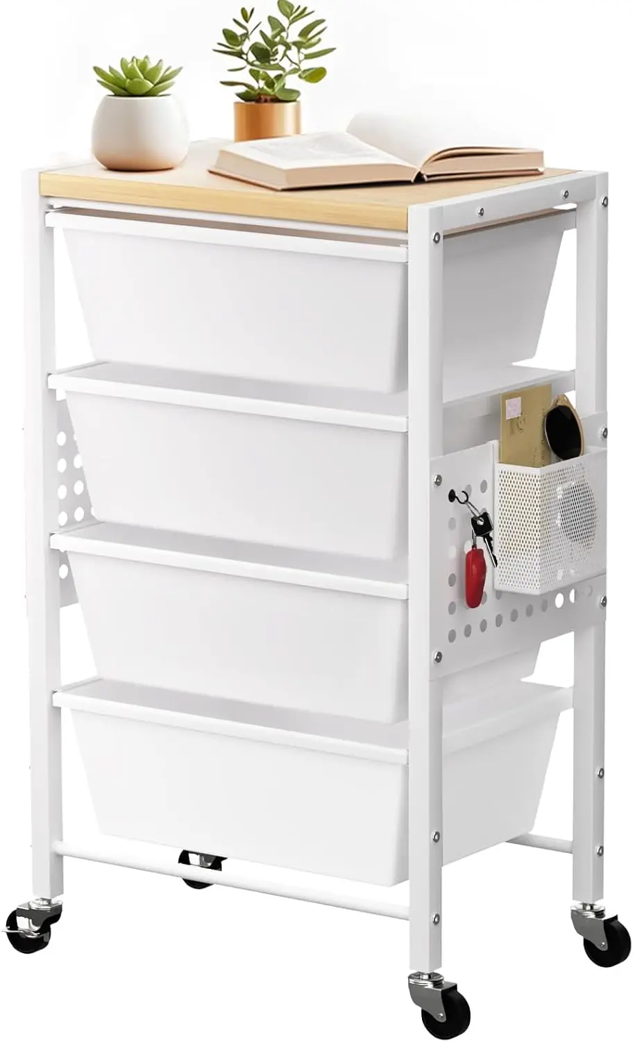 

4-Drawer Rolling Cart with Wheels, Wooden Tabletop & Pegboards for Office, Living Room Storage