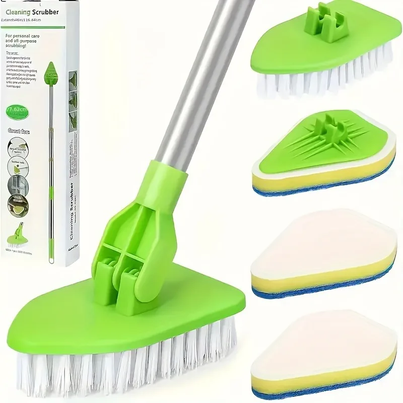 1 Set, 2-in-1 Bathroom Scrubber and Cleaning Brush, Telescopic Handle - Includes 1 Bristle Brush Head & 3 Sponge Attachments