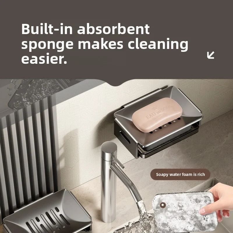 

Wall Mounted Bathroom Shelf, No Drill Aluminum Soap & Sponge Holder with Drain Rack, Space Saving Toilet Organizer