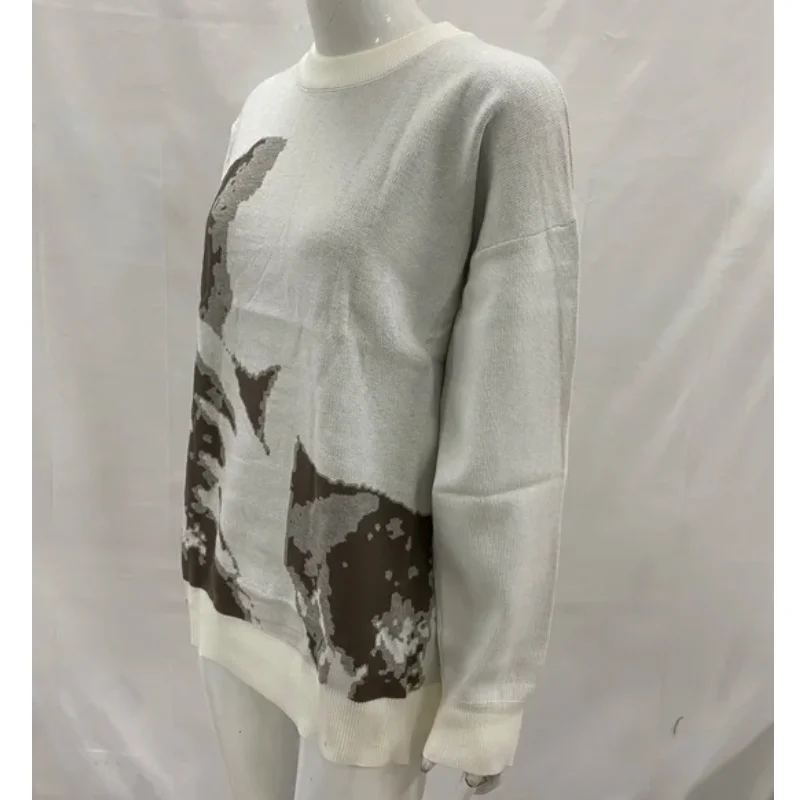 Sweater rajutan kasual unisex dengan motif abstrak, kerah bulat, gaya hip hop street fashion, cocok untuk pria dan wanita, model longgar, pakaian olahraga, atasan couple.