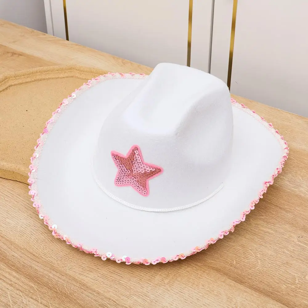 Pink Star White Cowgirl Hat Sequin Trim Fringe Cow Girl Hat Adjustable Cowboy Hat Neck Draw String Costume Party Play Dress-Up