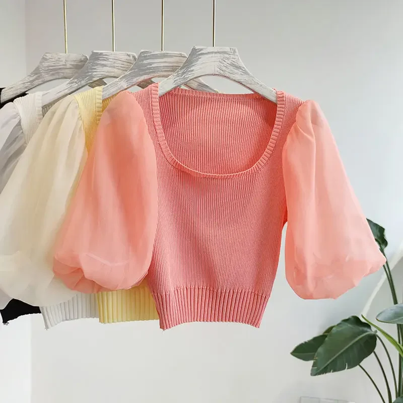 

Woman TShirts Knitted Top Women's Short Square Collar Puff Sleeve Shory Style Sweater Crop Top Mujer Camisetas