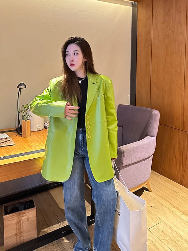 Spring Autumn Green Oversized PU Leather Jacket Long Sleeve Lapel Single Breasted Blazer Loose Korean Fashion 2023 Y2K