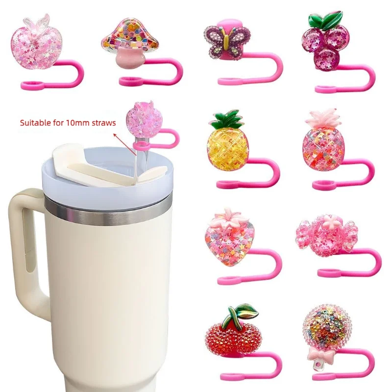 Cute Strawberry Candy Straw Covers Cap For Stanley Tumbler 10mm Cups Accessories Kawaii Silicone Straw Toppers Protector Cap