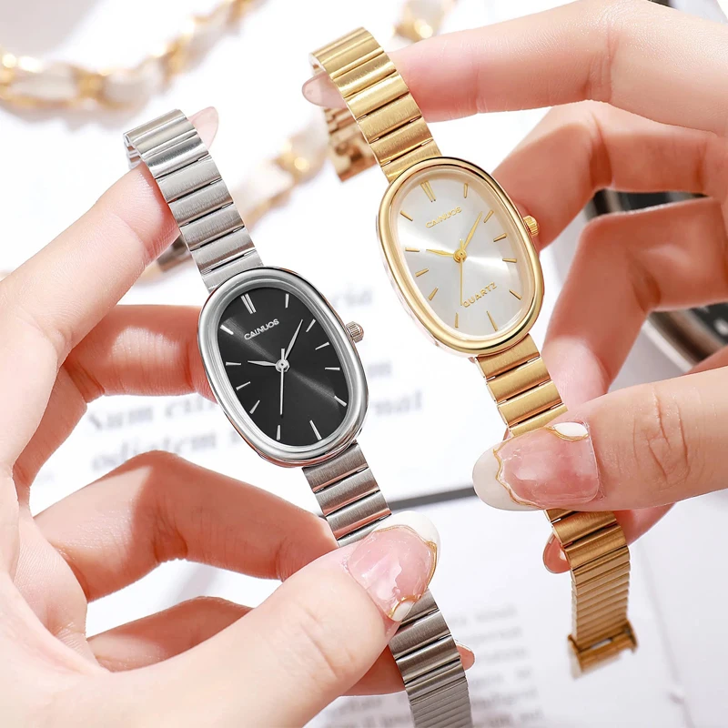 Relógio de quartzo feminino com mostrador pequeno oval, aço inoxidável, moda casual, relógios para meninas, estudantes, presentes de feriado de natal para mulheres