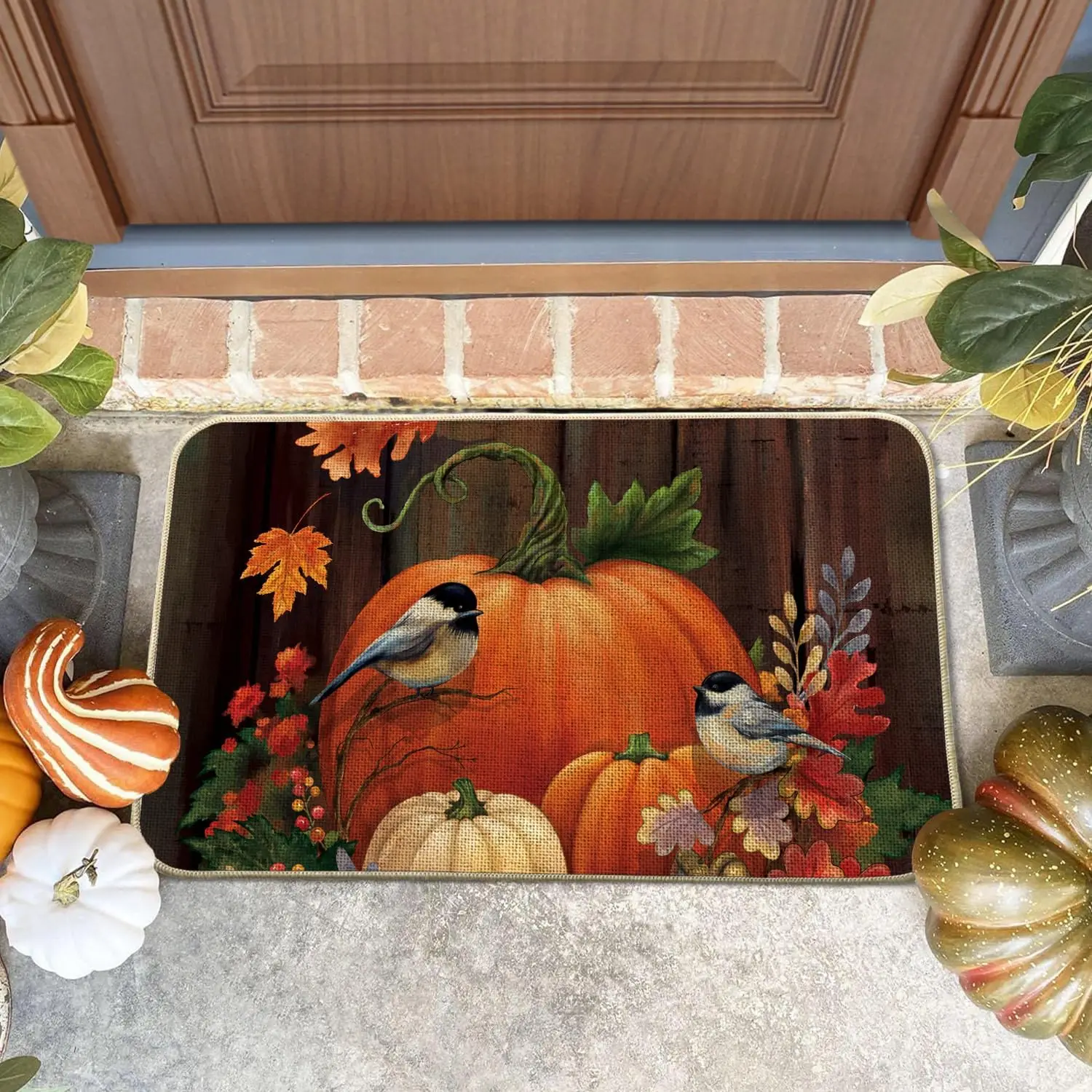 Fall Pumpkin Front Doormat Autumn Thanksgiving Maple Leaf Birds Carpet Living Room Bedroom Non-slip Rug Thanksgiving Decorations