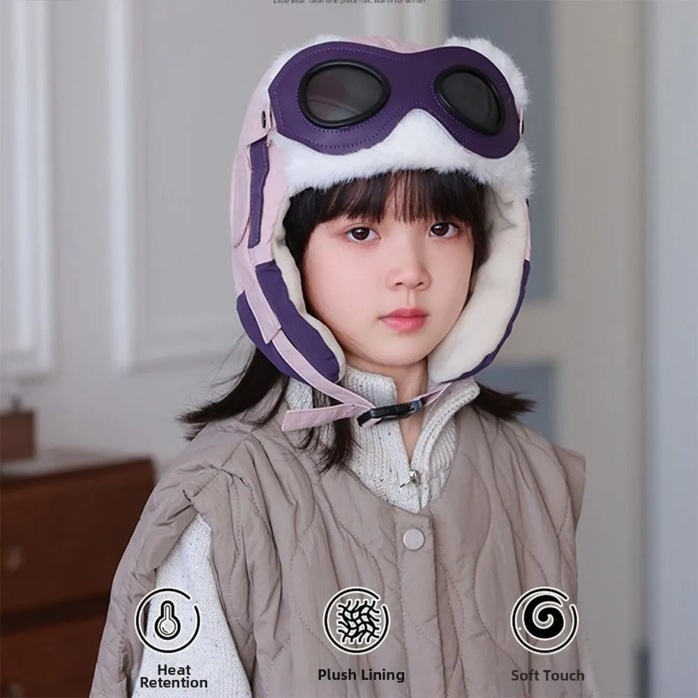 Cute Winter Children's Goggles Integrated Hat Windproof Fleece-Lined Ski Hat Warm Pull-Over Hat for Boys and Girls