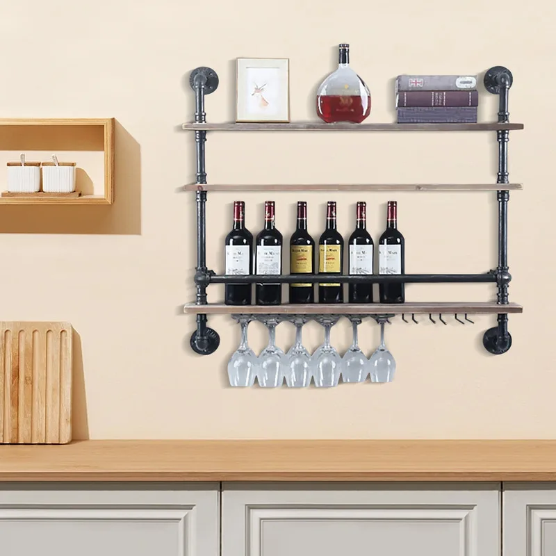 

36in 3-Layers Industrial Style Wall Mounted Wine Rack Rustic Glass Holder Floating Bar Shelves