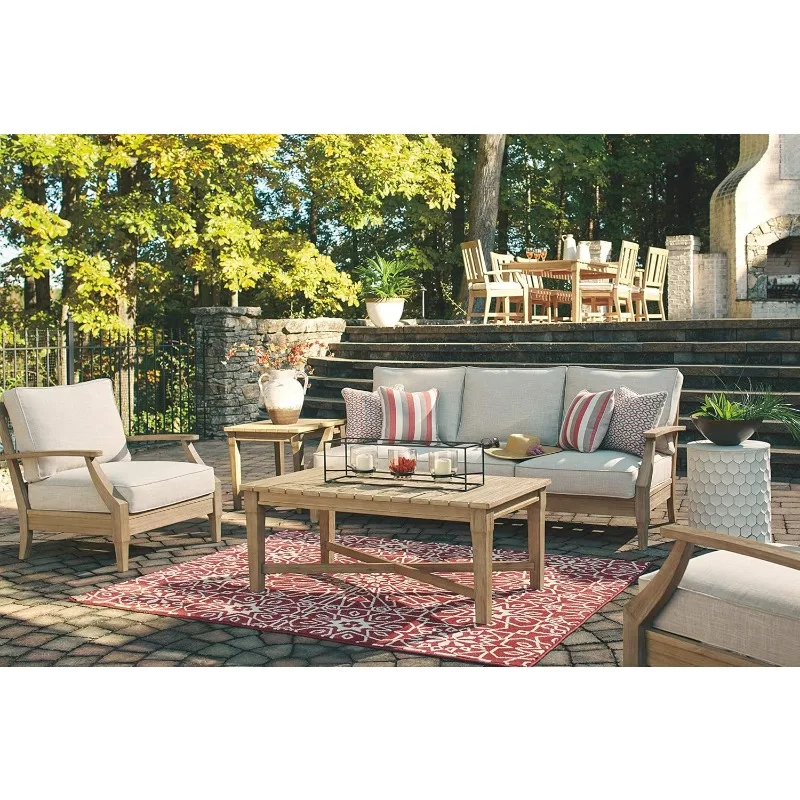 Clare View Coastal Outdoor Patio Eucalyptus Sofa with Cushions, Beige