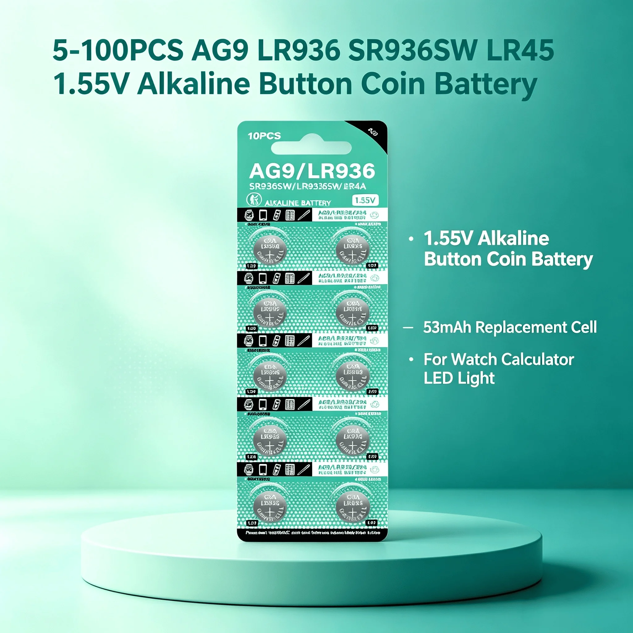 5‑100PCS AG9 LR936 SR936SW LR45 1.55V Alkaline Coin Battery 53mAh Long Lasting For Watch Calculator LED Light