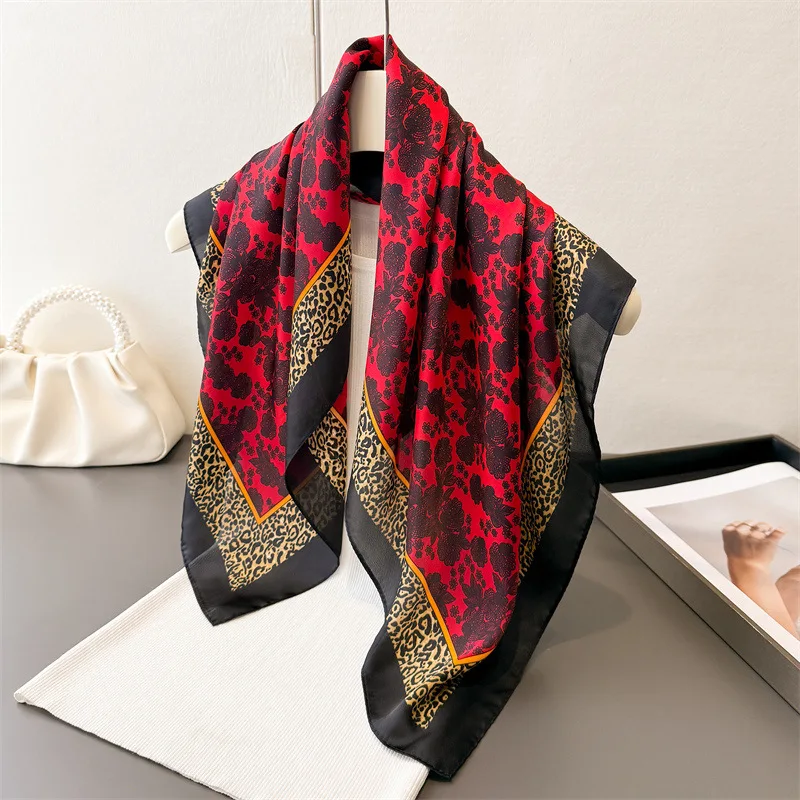 

New Summer Luxury Silk Scarves for Women Hijab Leopard Print Shawl Wrap Imitation Silk Square Scarf Travel Beach Sunscreen Pareo