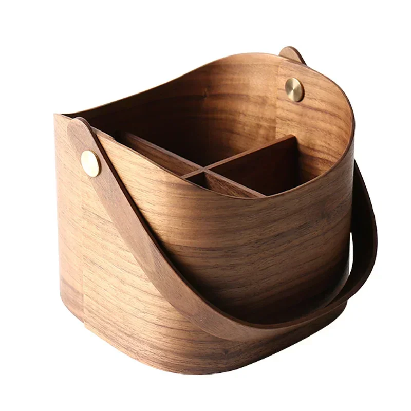 Black Walnut Solid Wood Curved Handle Storage Basket Simple Desktop Remote Control Key Organizer Boxes  Mask Cosmetics Case