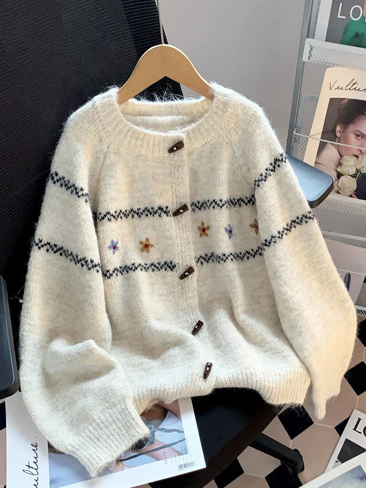 

Retro Jacquard Women'd Sweater Autumn Winter Casual Round Neck Knitted Cardigan Chic Long Sleeve Commuting Female Outerwear
