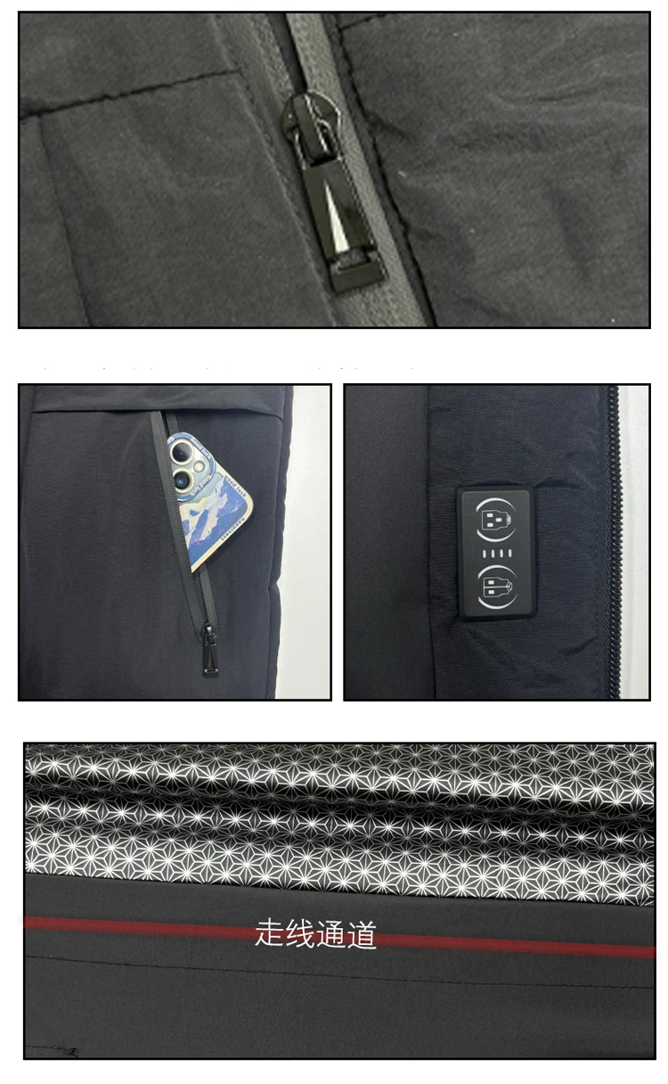 Beheizte Herrenweste, USB-aufladbar, 6 Heizzonen, elektrische Thermoweste, Stehkragen, ärmellose Heizweste, waschbar, Winter – Detail 17