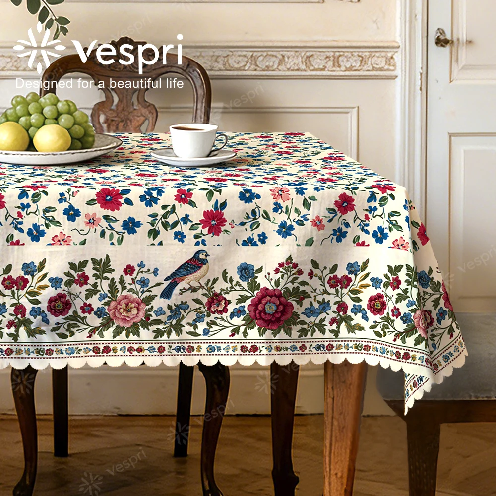 Vespri Frühlingstischdecke Pastellfarbenes Blumenmuster Ostern Weiß Rotvogel Blumen Blätter Rund Rechteckig Oval