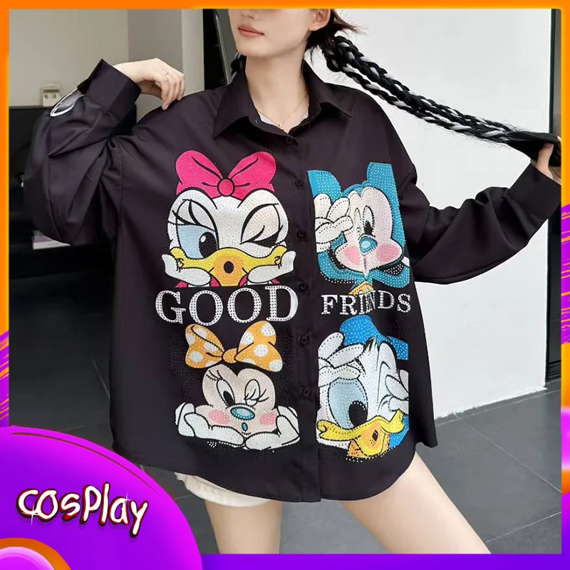 

Рубашка с Микки и Минни, куртка с длинными рукавами и принтом мультфильмов Диснея, повседневное модное модное пальто, свободный универсальный топ, женская одежда G