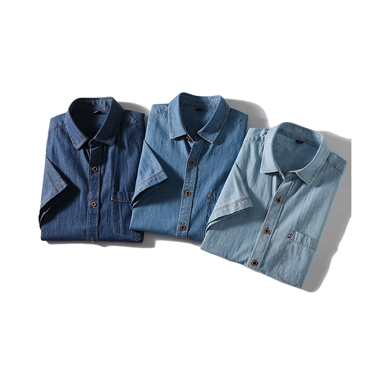 

Мужские рубашки, летняя мужская модная деловая трендовая хлопковая джинсовая рубашка с короткими рукавами и хлопковой однотонной повседневной тонкой рубашкой