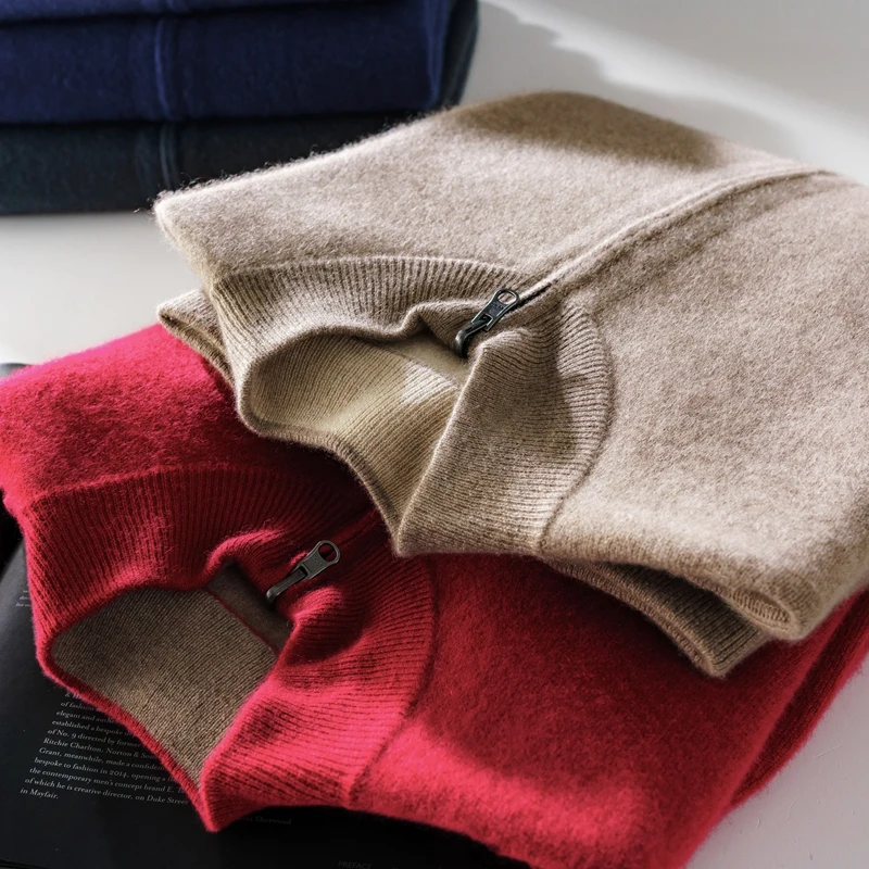Cappotto in pura lana ispessita Colletto verticale bifacciale da uomo Cerniera Maglione lavorato a maglia casual Cardigan in cashmere su entrambi i lati