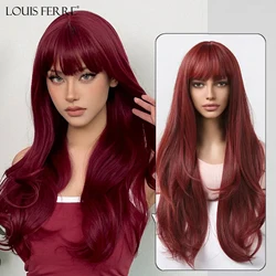 LOUIS FERRE Long Vin Rouge Synthétique Perruque Vague Naturelle Femmes Perruque Avec Frange Cosplay Parti Rouge Cheveux Résistant À La Chaleur Fiber Perruque