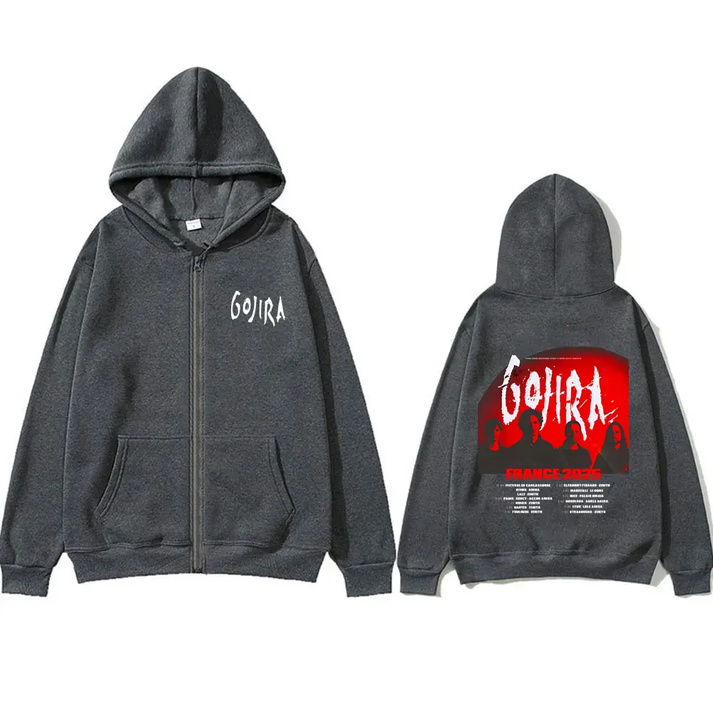 Metal Band Gojira France Tour 2025 Zipper Hoodie Men Women Clothing Gothic Rock Oversized Jacket Man Casual Vintage Zip Up Coat