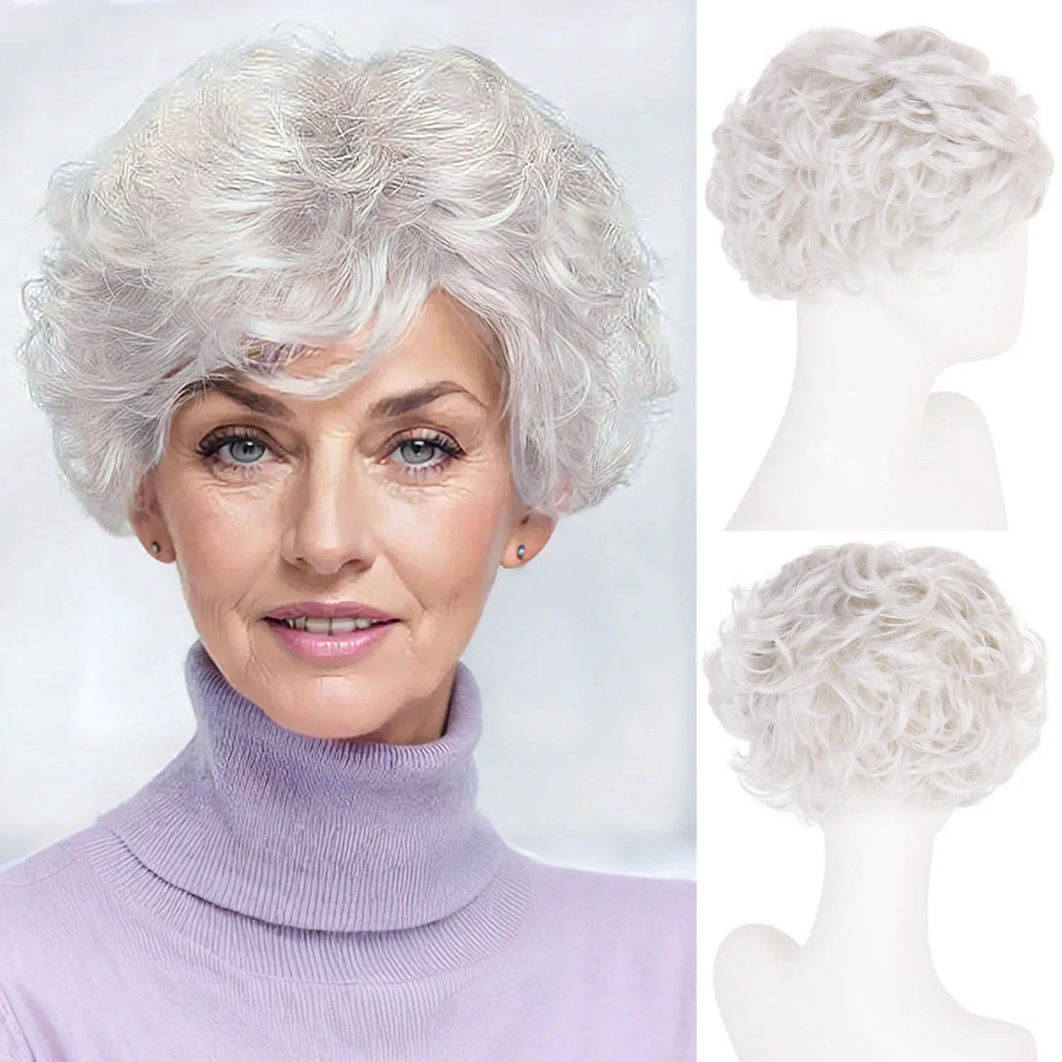 

Synthetic Light Grey Short Curly Wigs for Women Daily Costume Party Gray-White Wig for Elderly Hair Replacement Wigs Grandma Wig