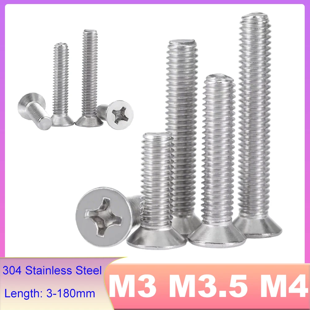 5-200pcs M3 M3.5 M4 304 Stainless Steel Cross Flat Countersunk Head Machine Screws Lengthened Phillips Bolt Length 3/4/5/6-180mm