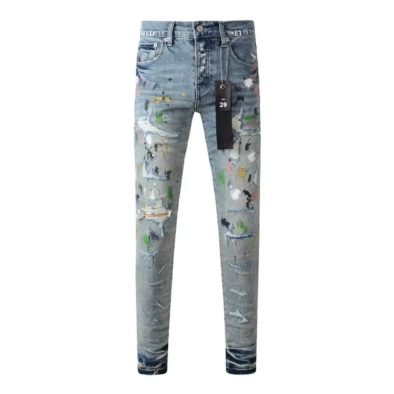Top quality fashion Purples Jeans Men Trendy Elastic Edged Middle brand Irregular Blue Color Washed Denim trousers pants