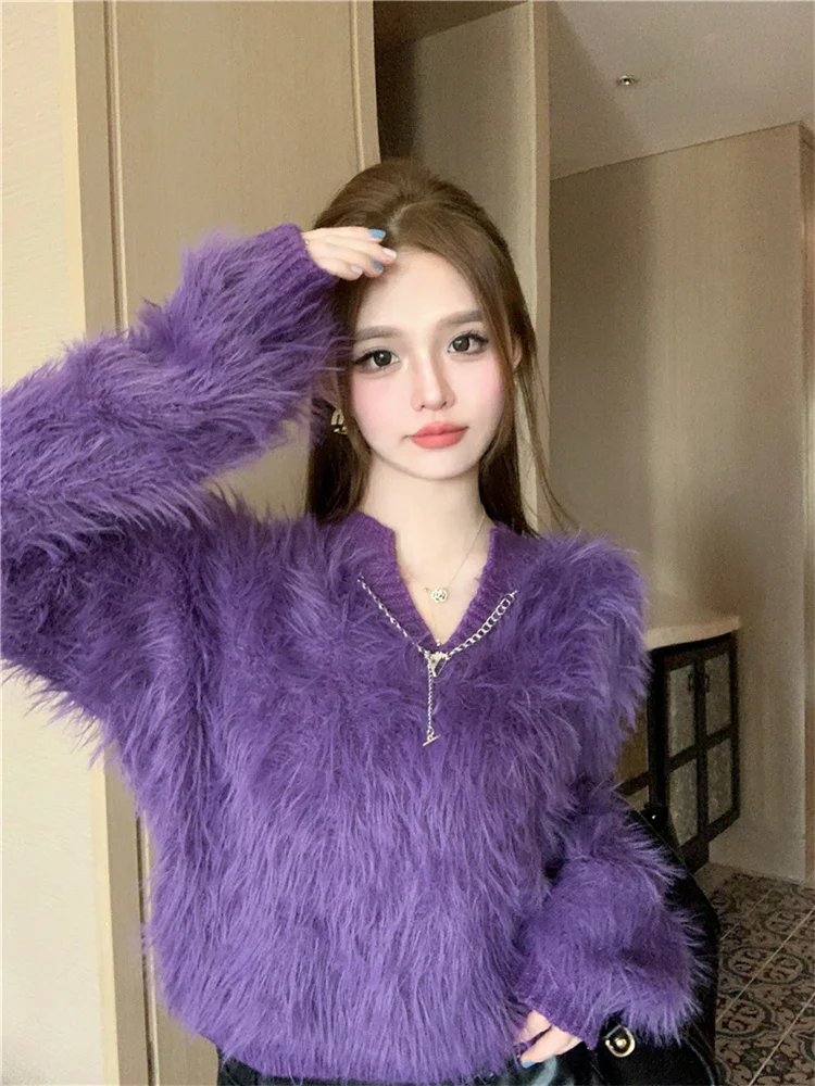 Autumn Lazy Style Women Sweaters Sweet V-neck Faux Mink Furry Knitted Pullovers Fashion Long Sleeved Fluffy Tops Purple Jumpers