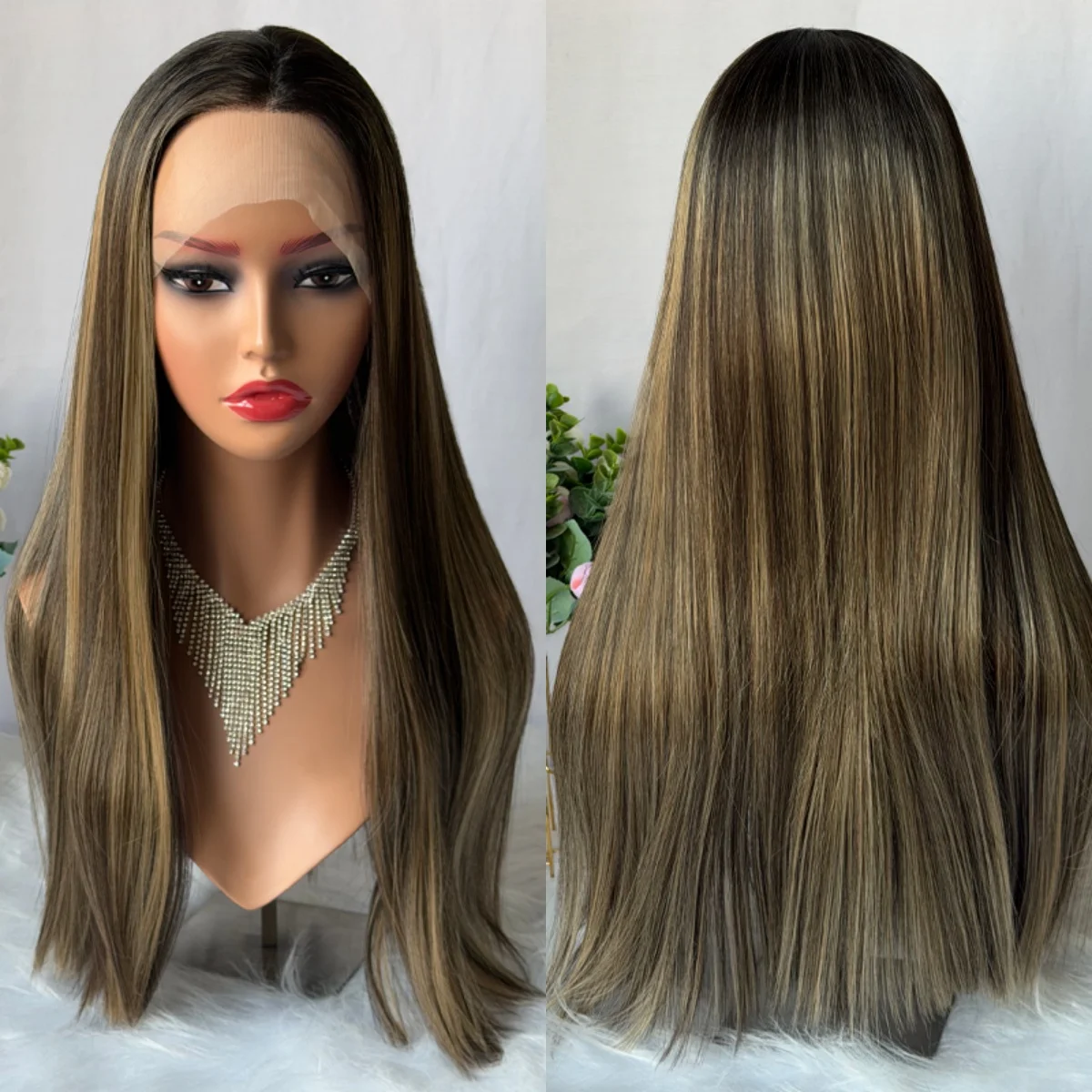 22 Inches Shadow Roots Caramel Brown Luxury Women's Wig 180% Density Natural Straight Heat Resistant Fiber Wigs On Clearance