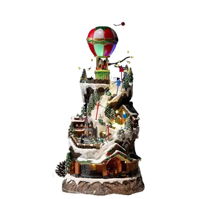 fornew Christmas decoration electric rotating luminous music box ornament train track village snow house