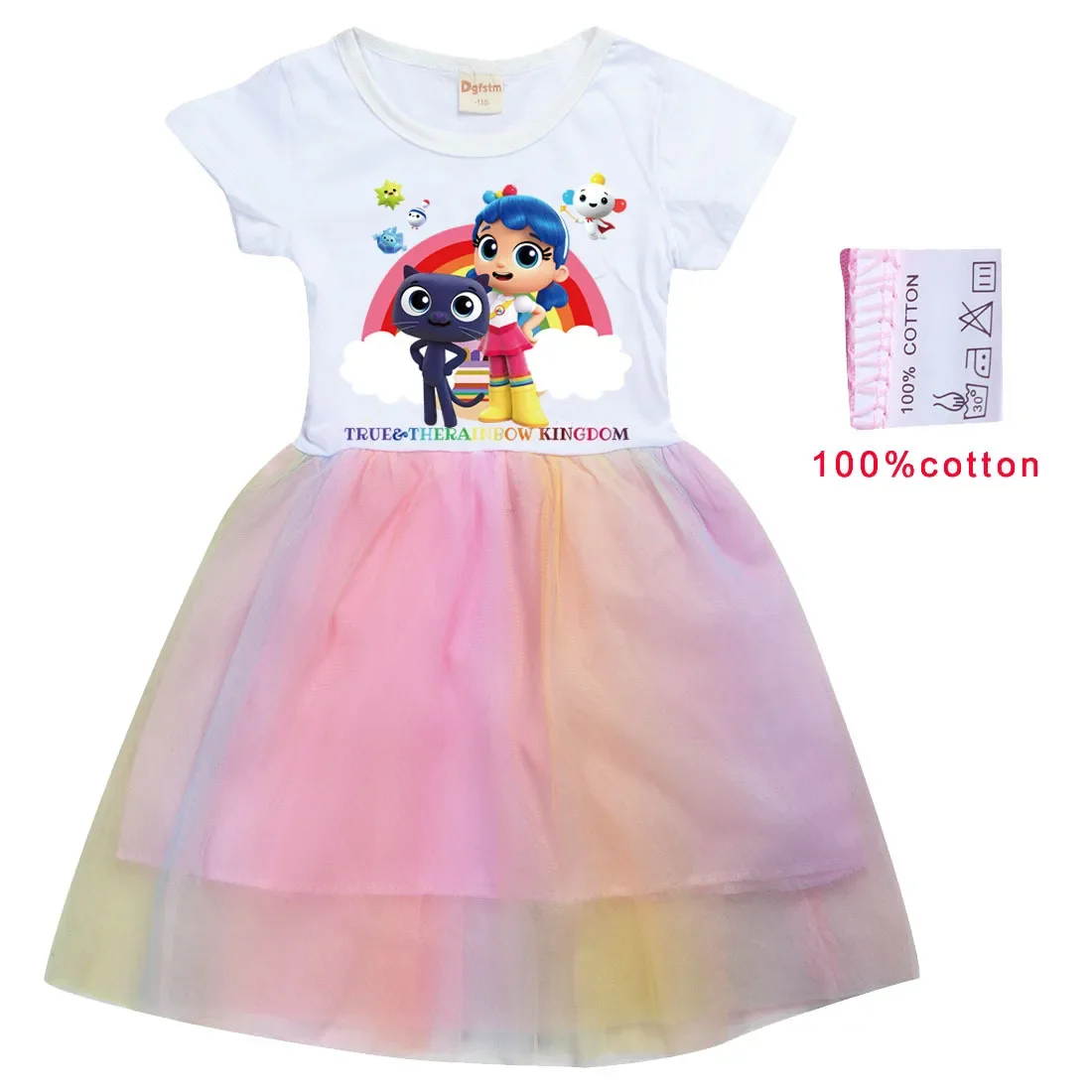 True and The Rainbow Kingdom Clothes for Baby Girls Summer Short Sleeve Dresses Kids Cartoon Dress Children Cartoon Party Frock