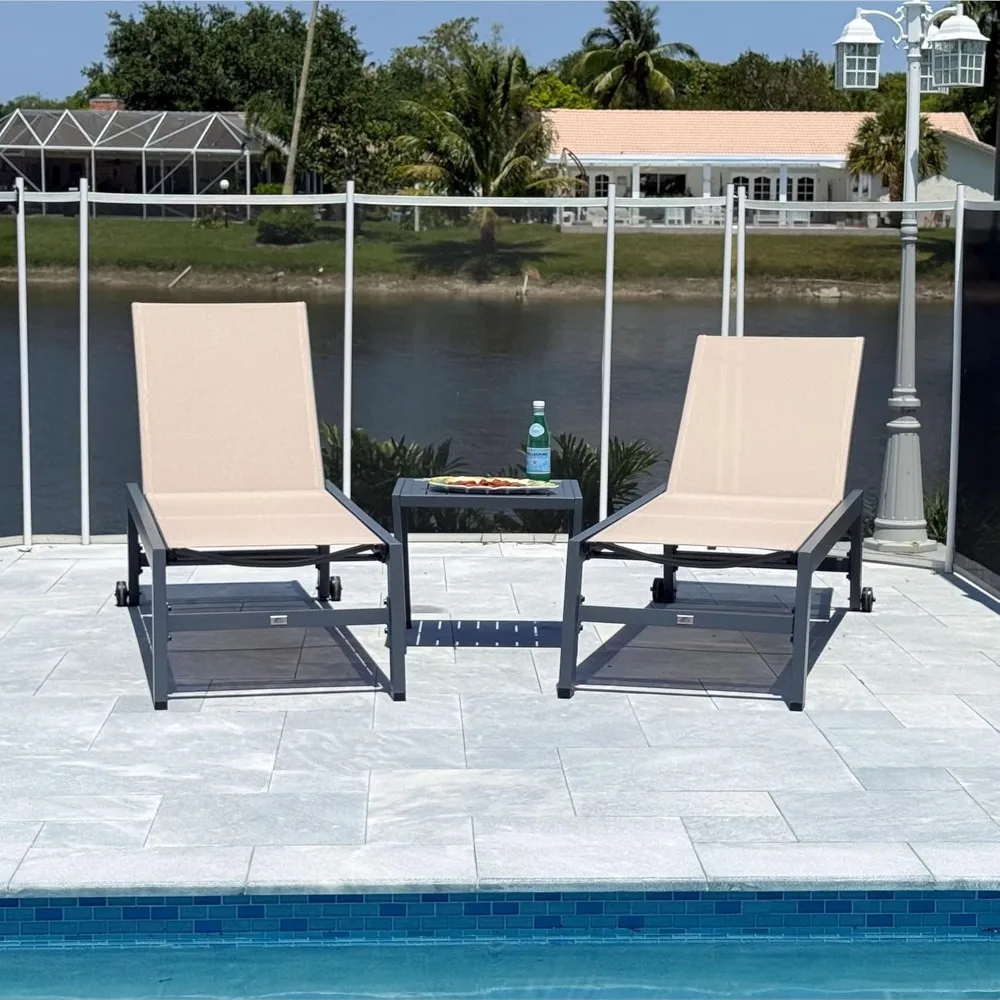 

Patio Chaise Lounge Set for 2 Outdoor Chaise Lounge Chair with Aluminum Frame and Easy-to-Move Wheels Pool Lounge Ch|