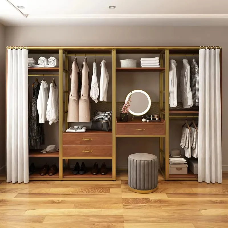 JA-27 Coat Rack Floor-standing Open Iron Solid Wood Clothes Rack Bedroom Dressing Table Dressing Table All-in-one Storage