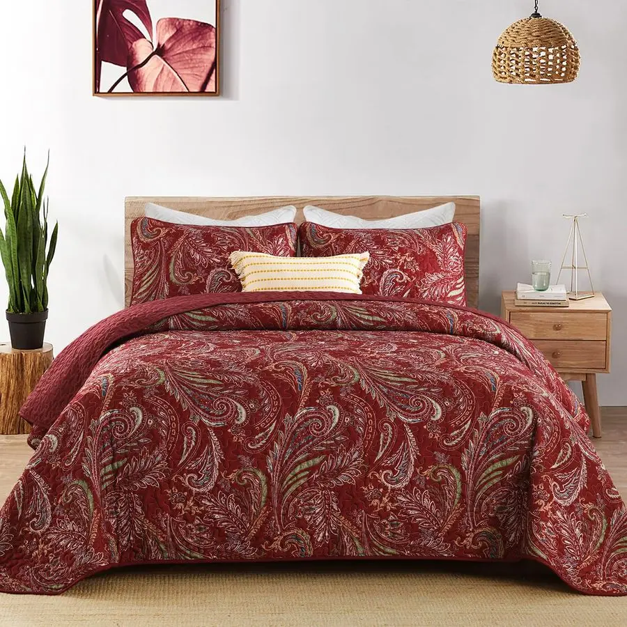 

Boho Quilt Set King,3 Pieces Red Paisley Pattern Bedspread Coverlet Set,Lightweight Microfiber Bohemian Bedding Set for All Seas