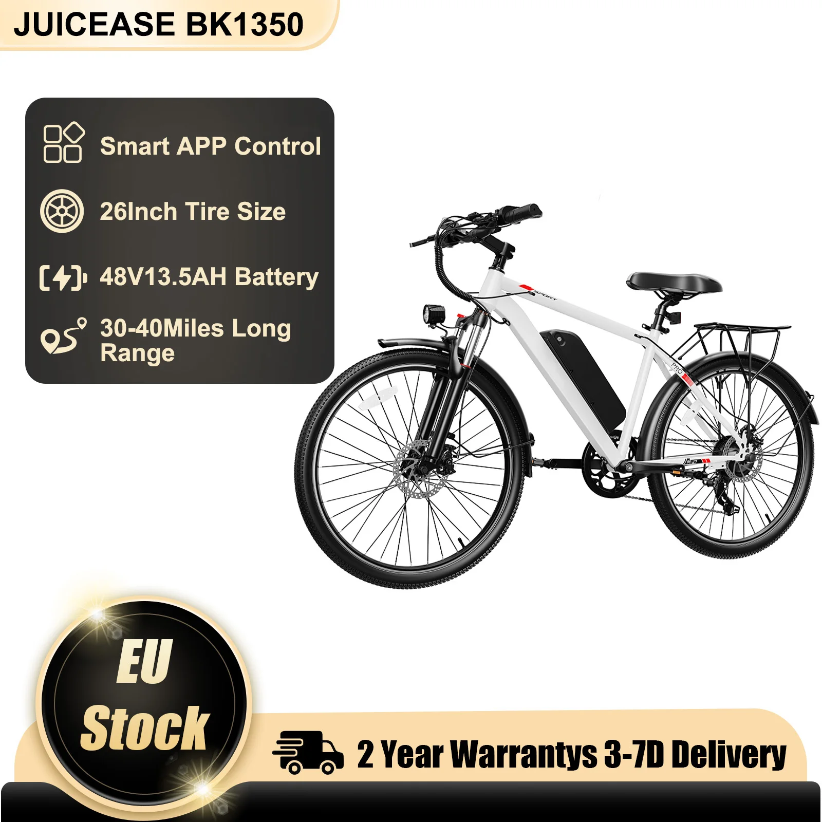 JUICEASE 26 Zoll Elektrofahrrad 48V13.5AH Batterie Smart-App-Steuerung Elektrofahrrad 25-40 Meilen Reichweite 15 ° Kletterndes Pendler-Offroad-E-Bike